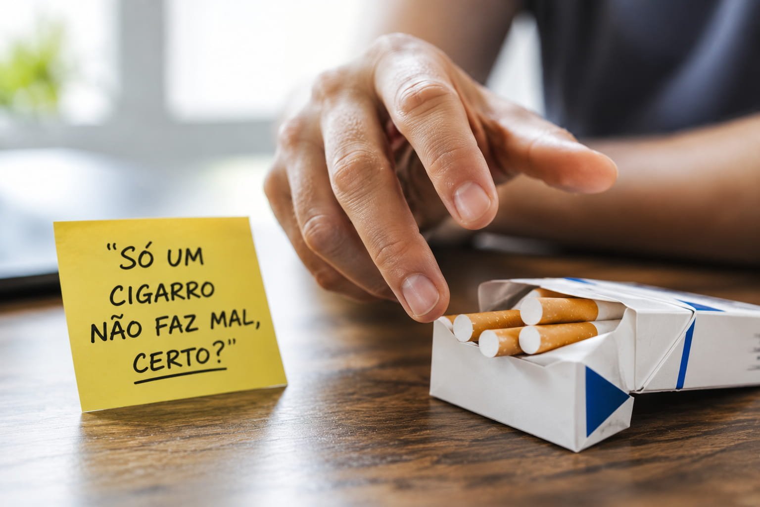 mão prestes a pegar num cigarro ao lado de um aviso sobre o risco da recaída após deixar de fumar