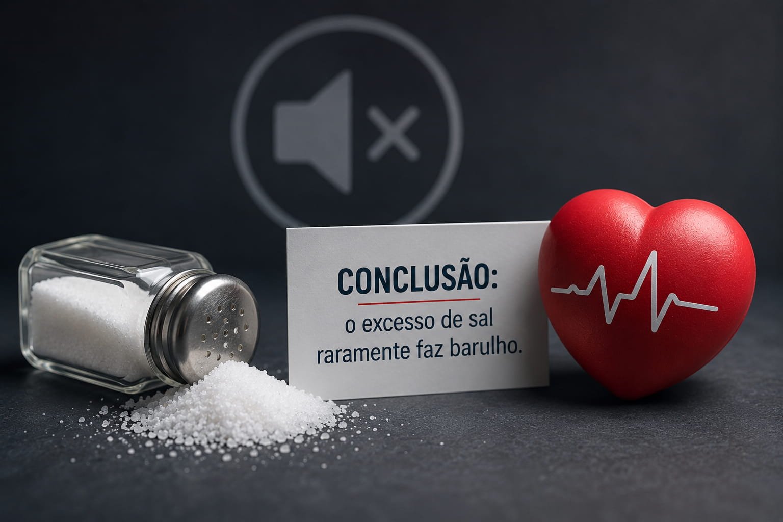Saleiro derramado ao lado de um coração vermelho sobre fundo escuro, simbolizando o impacto silencioso do excesso de sal na saúde cardiovascular.
