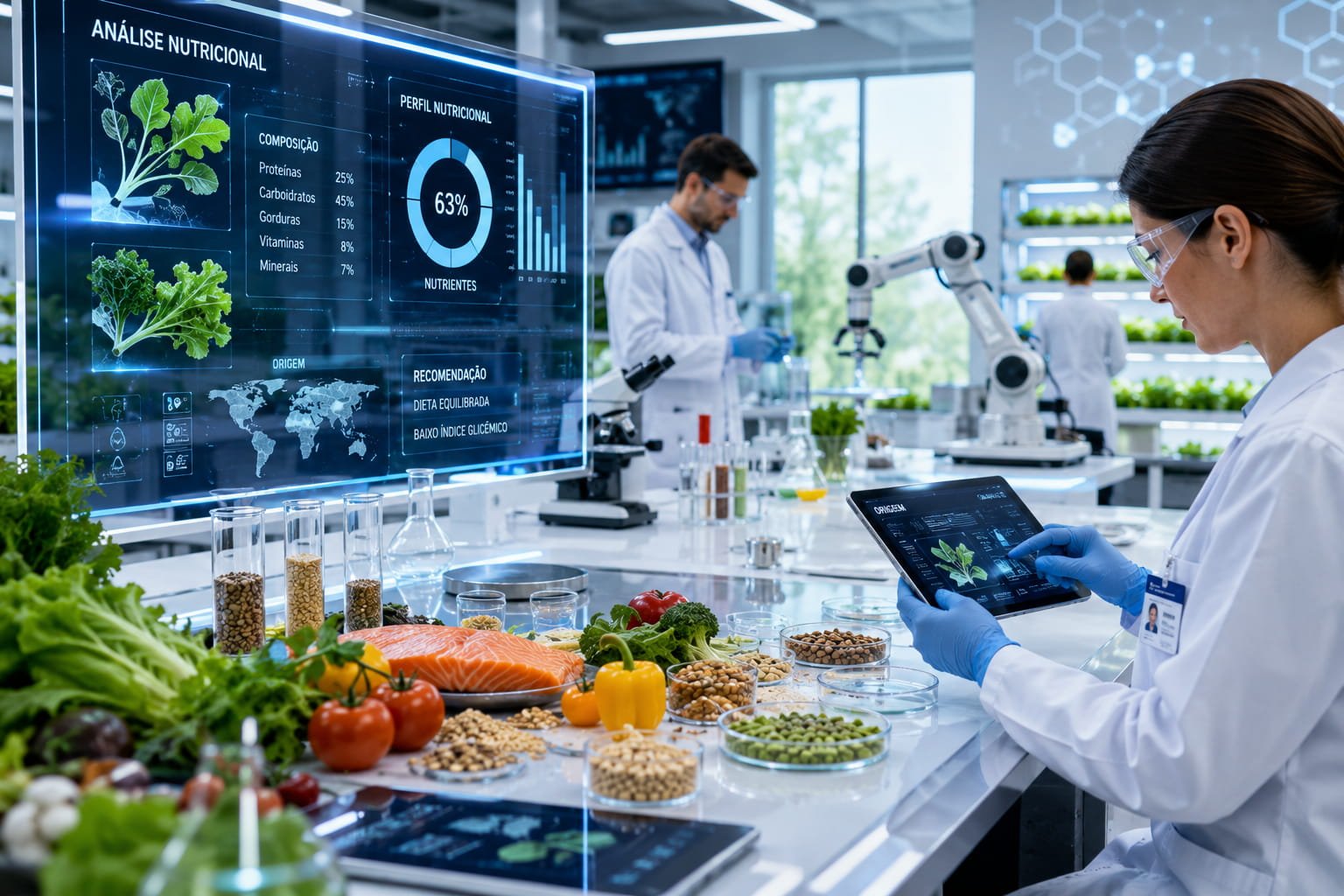 Laboratório alimentar futurista com análise digital de alimentos e tecnologias avançadas aplicadas à alimentação moderna com enzimas nos alimentos