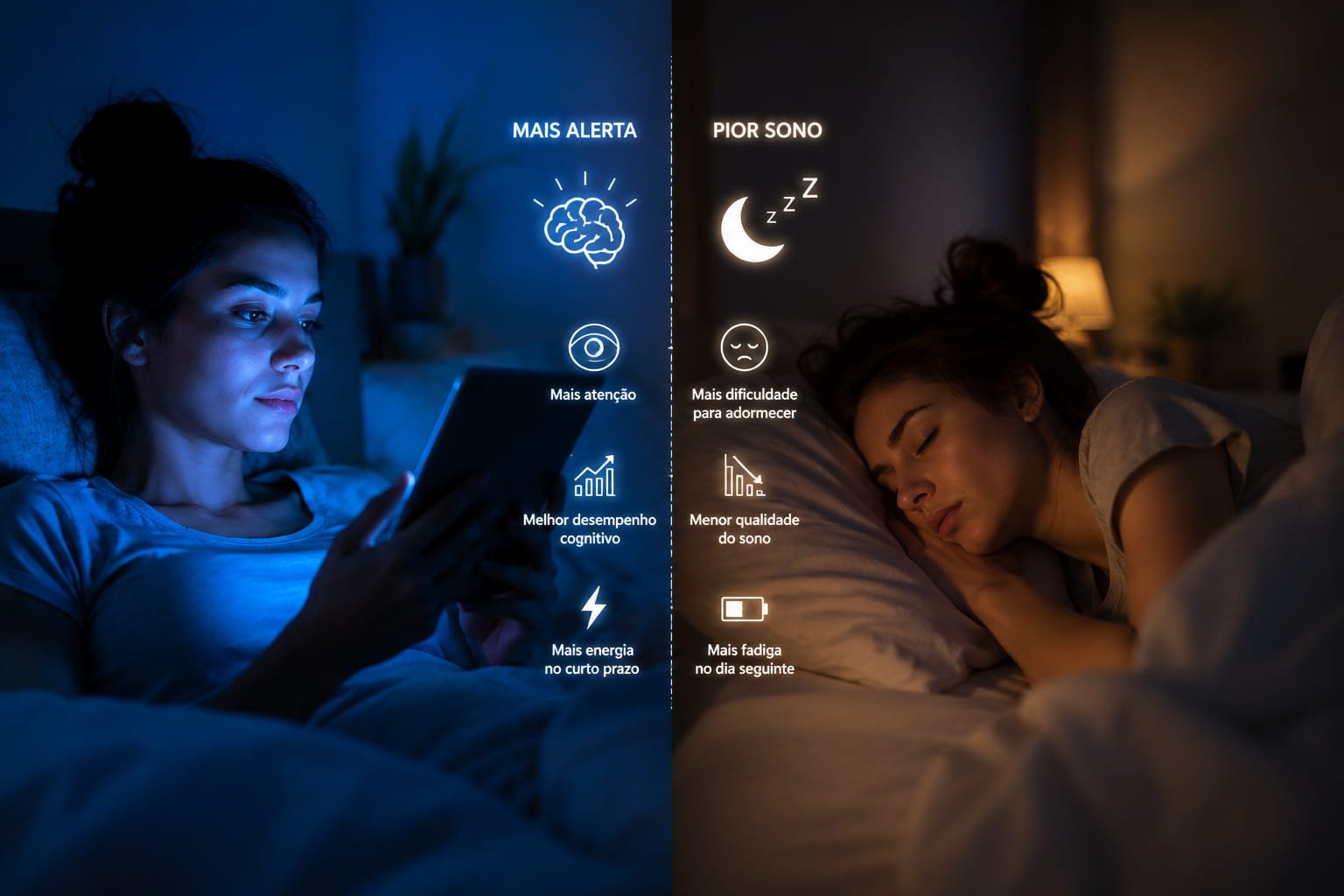 Comparação entre uso de ecrã com luz azul à noite e sono tranquilo em ambiente escuro e quente