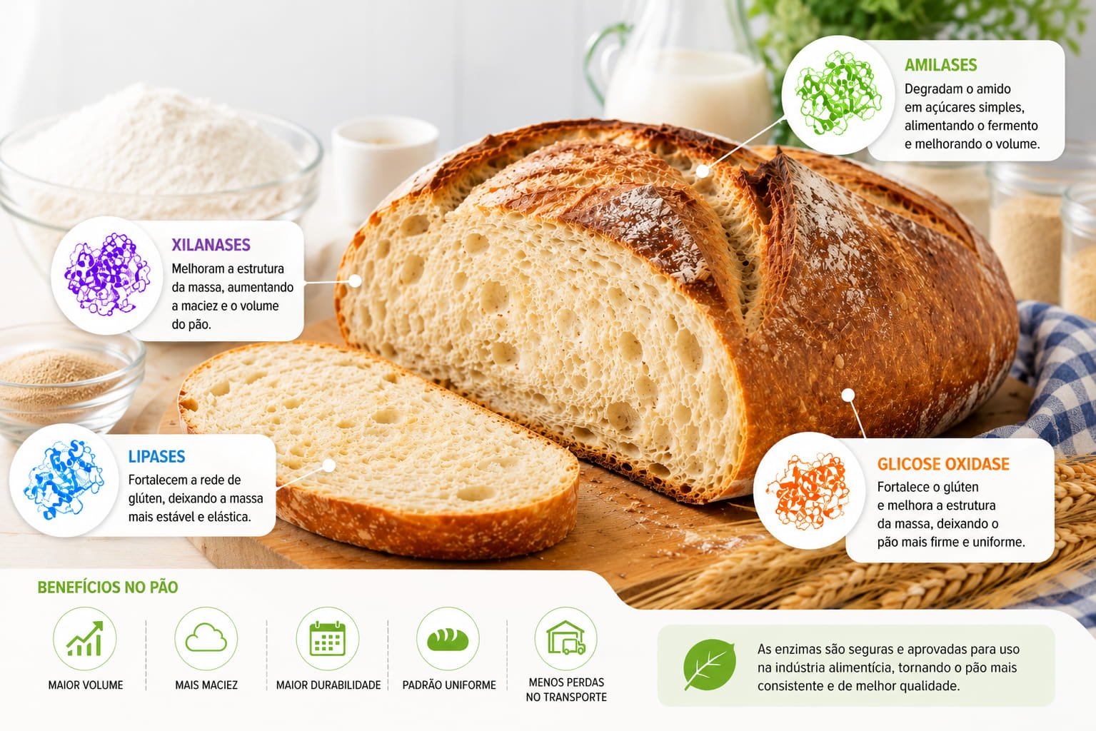 Pão artesanal com explicação visual sobre enzimas utilizadas na panificação moderna e melhoria da textura e conservação do pão