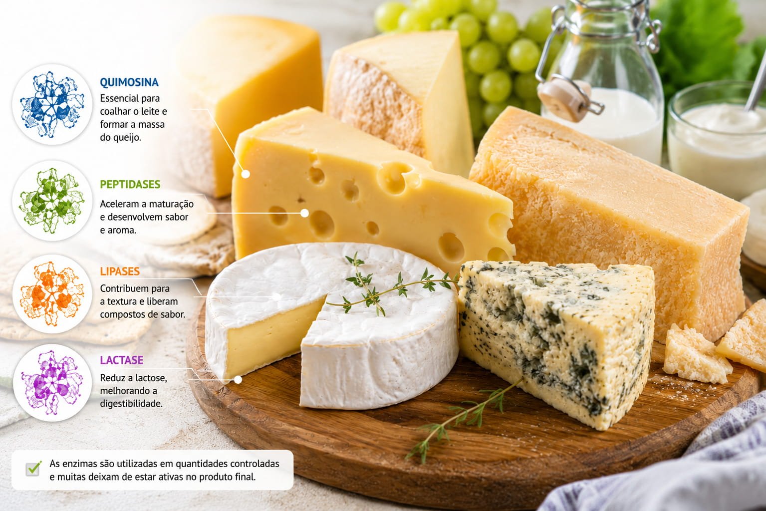 Queijos variados com explicação visual sobre enzimas alimentares usadas na produção moderna e maturação industrial de queijo