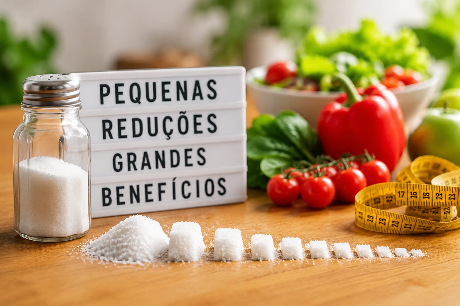Pequenas quantidades de sal alinhadas numa mesa ao lado de legumes frescos, representando os benefícios de reduzir gradualmente o consumo de sal.