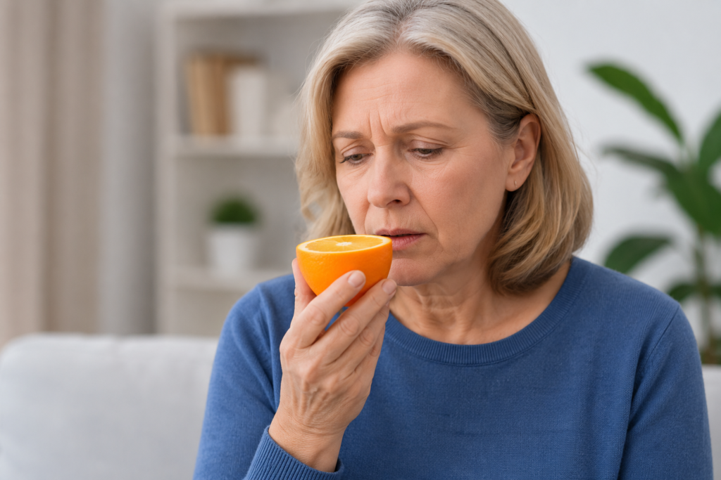 Mulher com perda de olfato a tentar sentir o cheiro de uma laranja em ambiente doméstico tranquilo