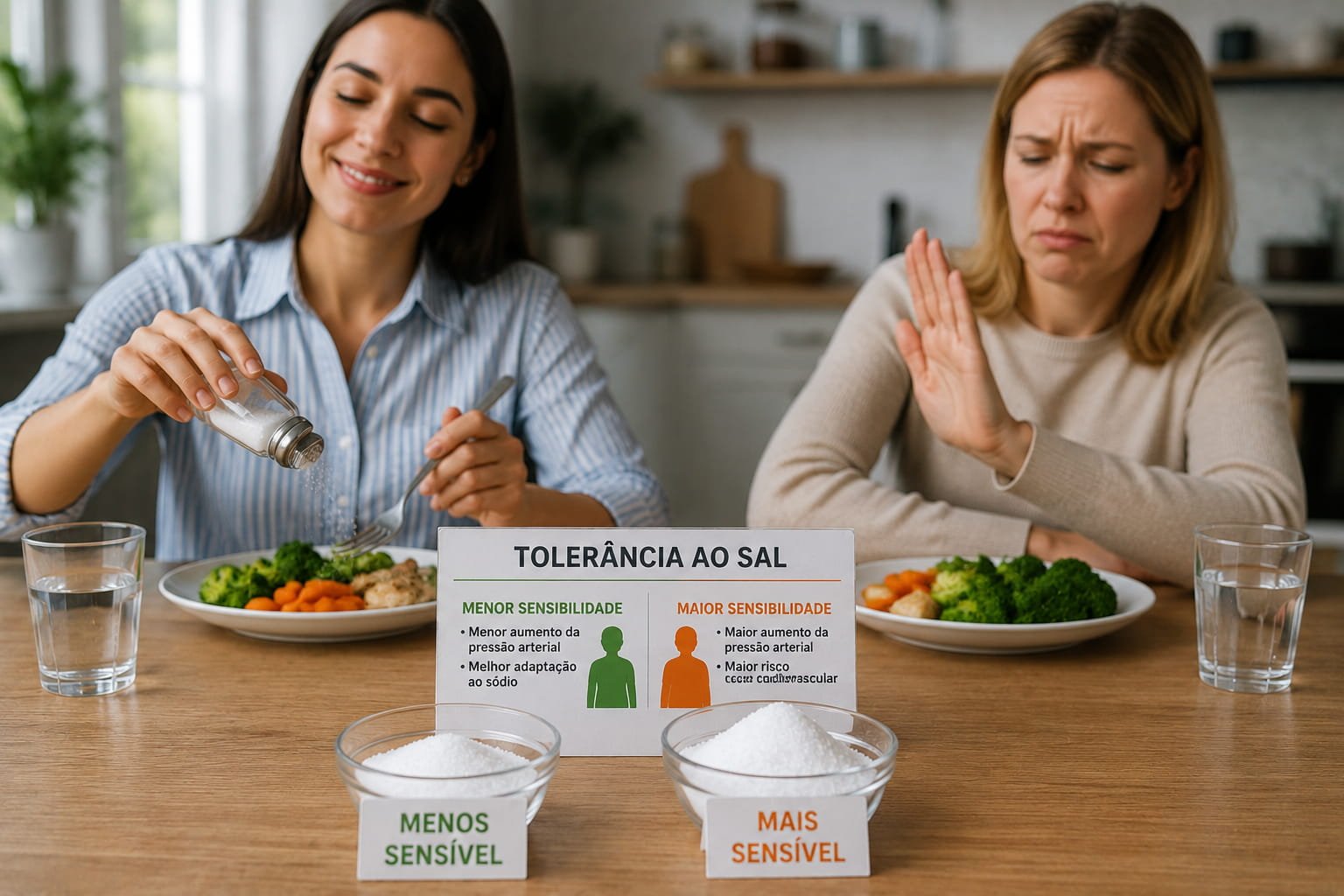 Duas mulheres à mesa com respostas diferentes ao consumo de sal, ilustrando a diferença de sensibilidade ao sódio entre pessoas.