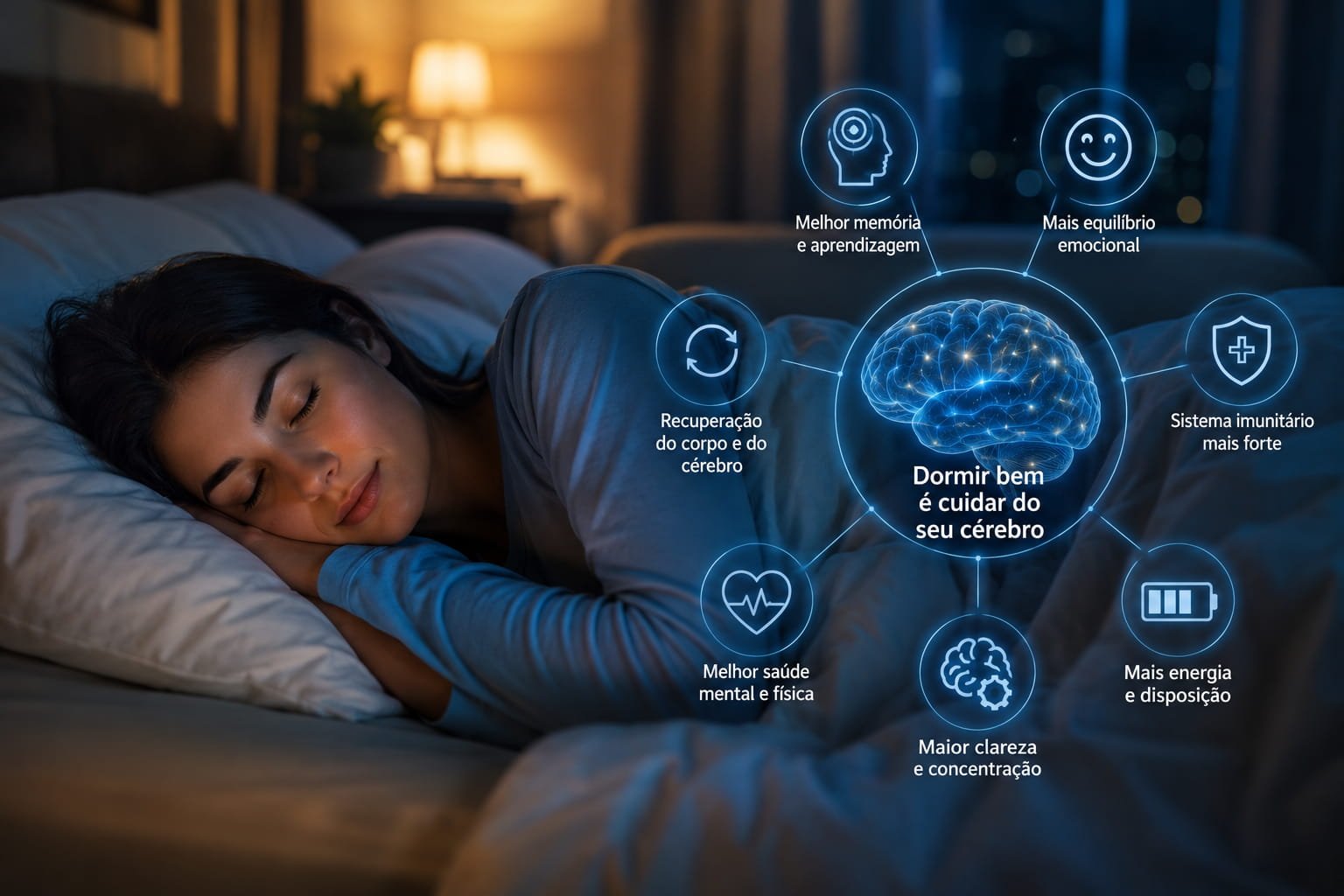 Mulher a dormir tranquilamente enquanto ilustração destaca os benefícios do sono para o cérebro e saúde mental