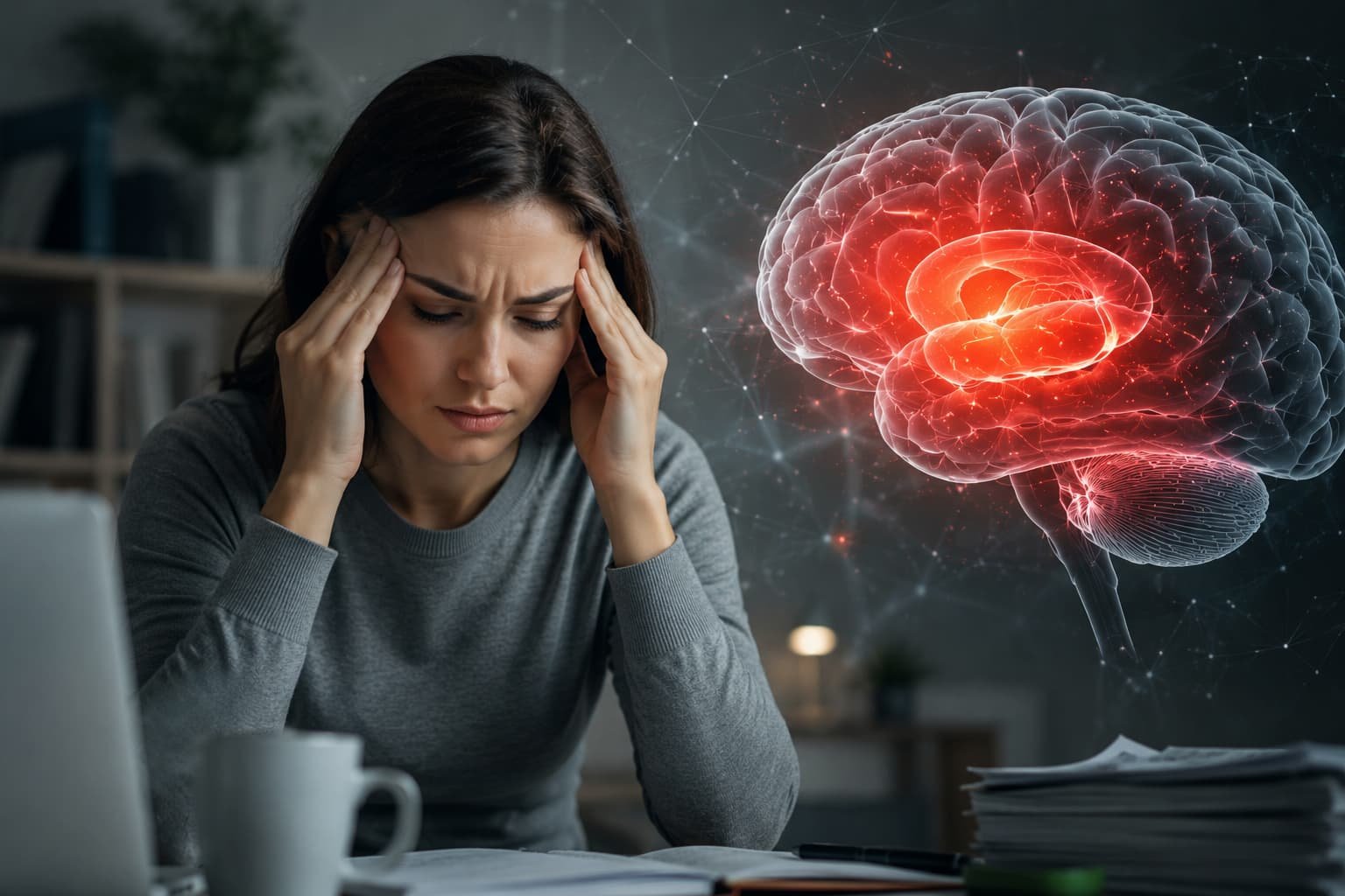 Mindfulness: o que muda no cérebro com meditação Mulher com sinais de stress enquanto uma ilustração cerebral vermelha simboliza o impacto do stress no cérebro e na saúde mental