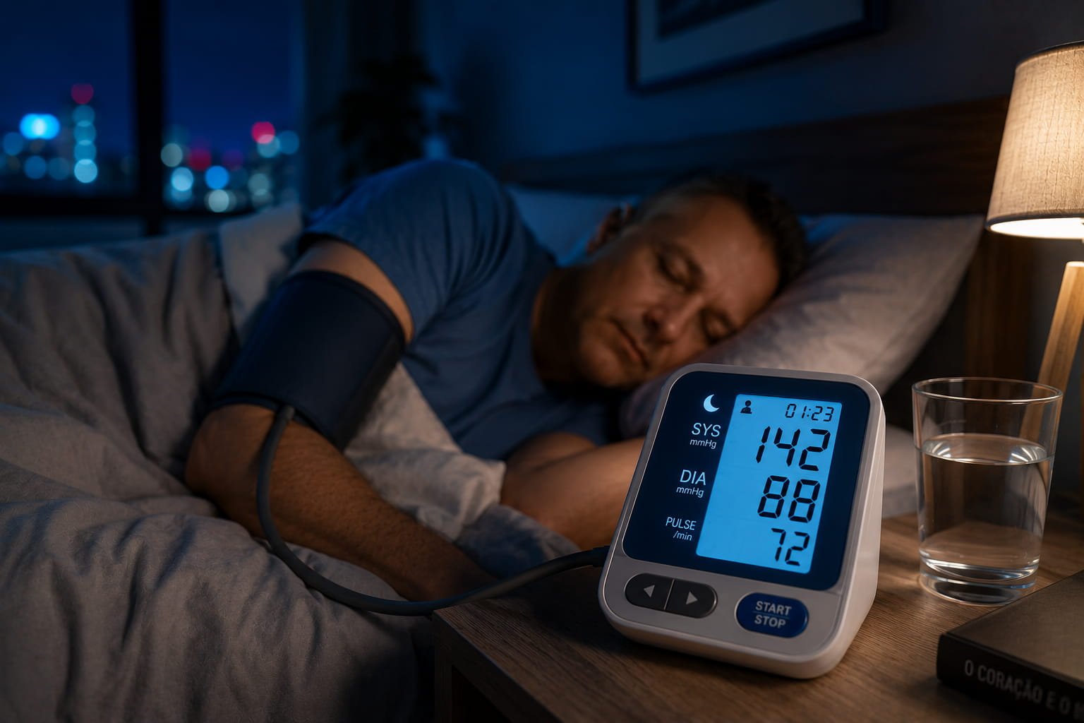 Homem a dormir com monitor de pressão arterial noturna mostrando valores elevados durante o sono num quarto escuro e silencioso