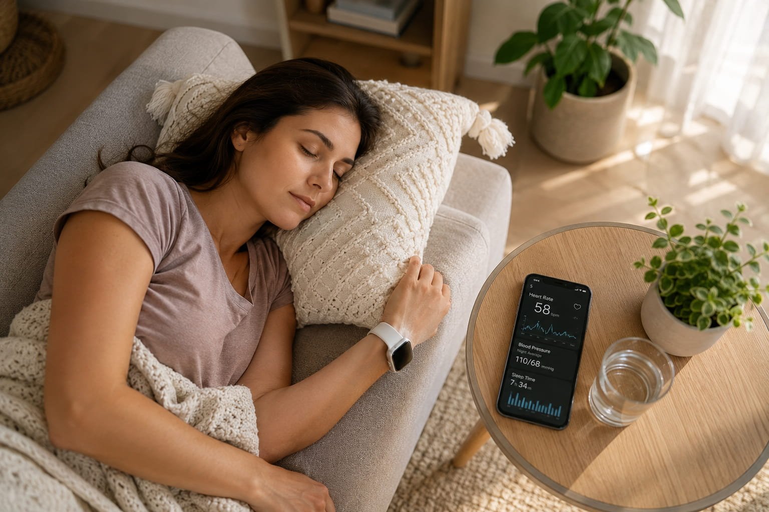 Mulher a descansar num sofá com smartwatch e aplicação de monitorização da pressão arterial noturna num ambiente calmo e luminoso