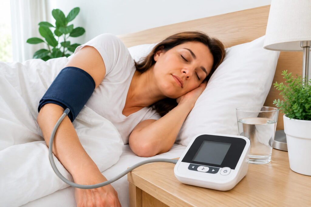Mulher a dormir com monitor de pressão arterial noturna ao lado da cama num ambiente tranquilo e luminoso