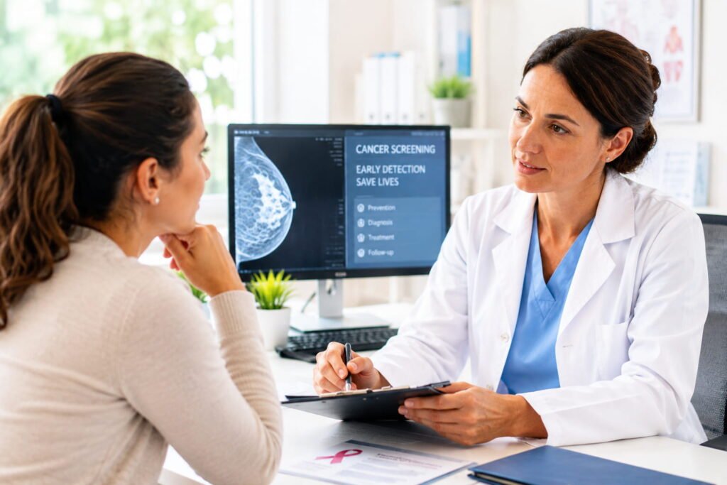 Médica conversa com paciente sobre rastreios do cancro num consultório moderno e luminoso