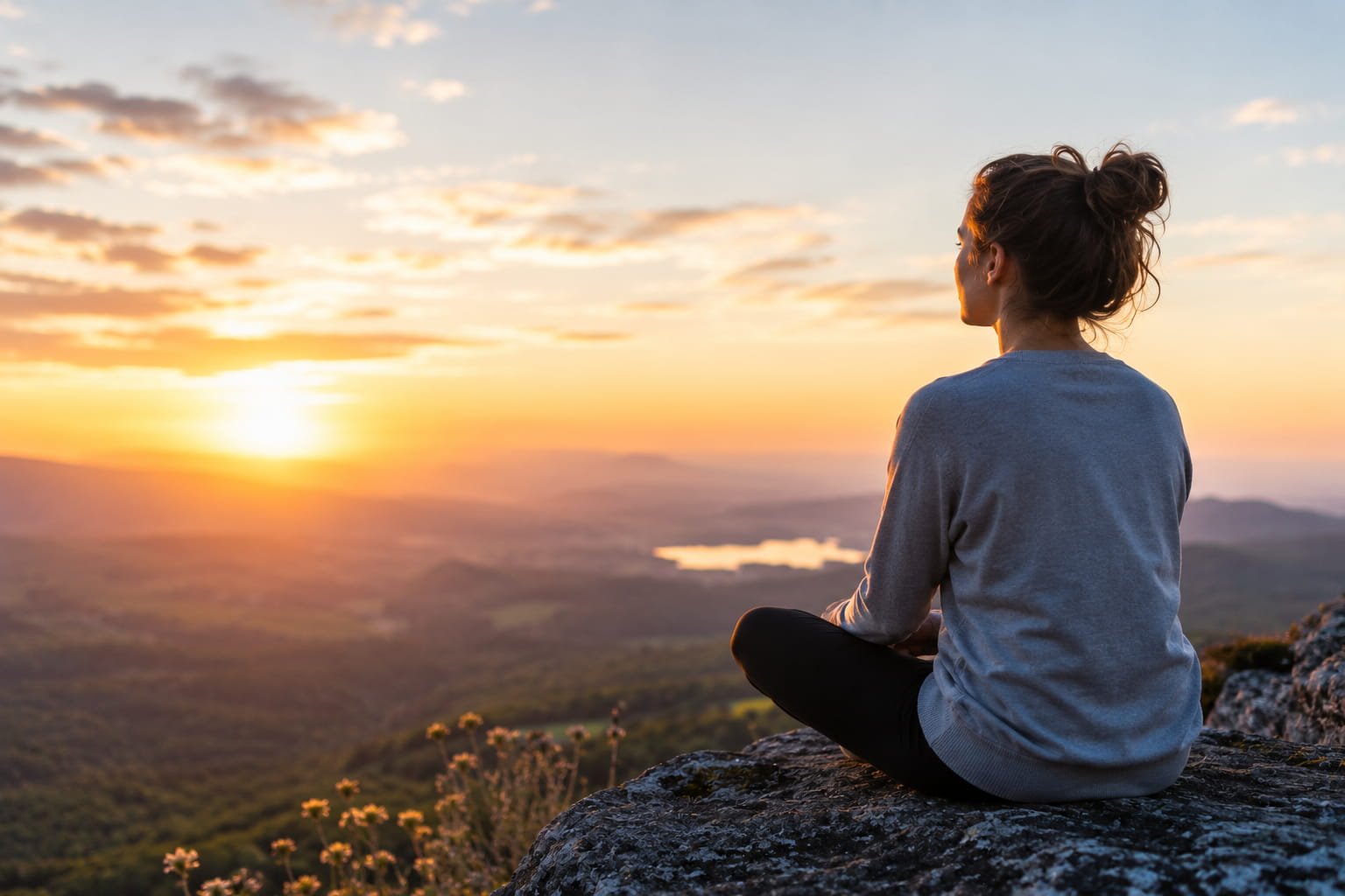 Mulher sentada numa montanha ao nascer do sol simbolizando recuperação física e mental após stress prolongado