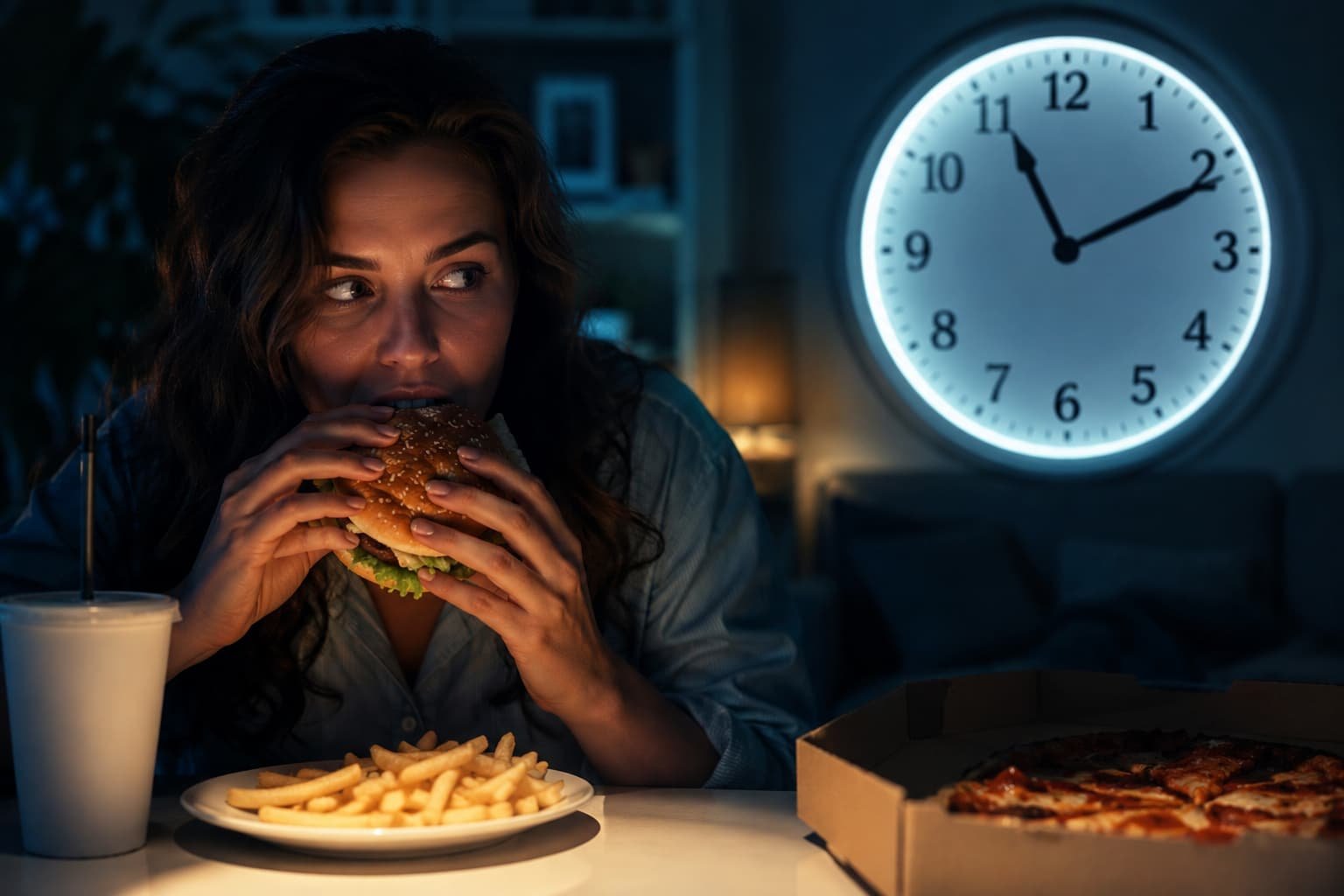 Mulher a comer fast food durante a noite com relógio ao fundo, representando o impacto das refeições tardias no ritmo circadiano e na saúde intestinal.
