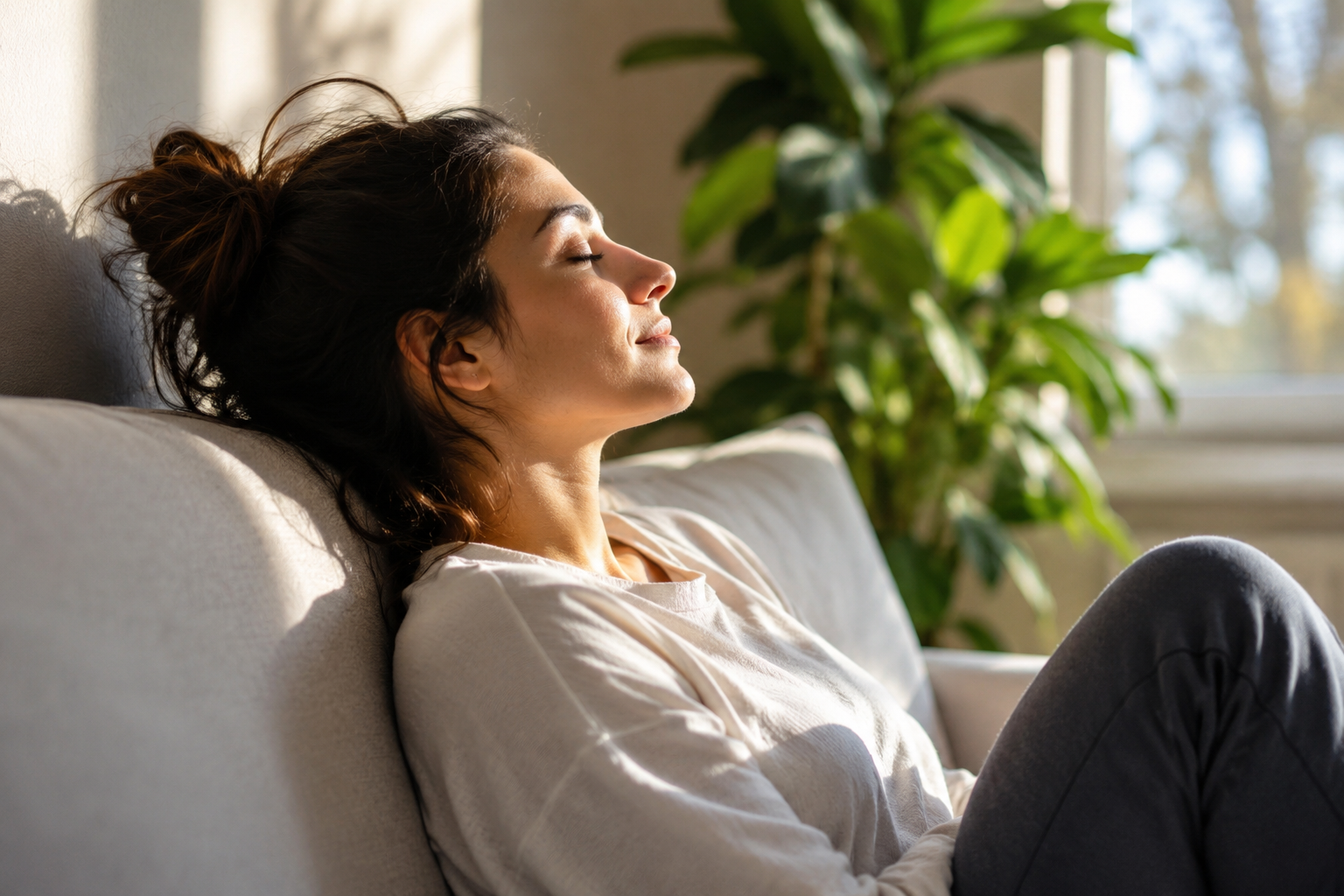 Resiliência Psicológica: o amortecedor contra a depressão Mulher relaxada junto à janela em ambiente calmo e luminoso representando resiliência psicológica e equilíbrio emocional
