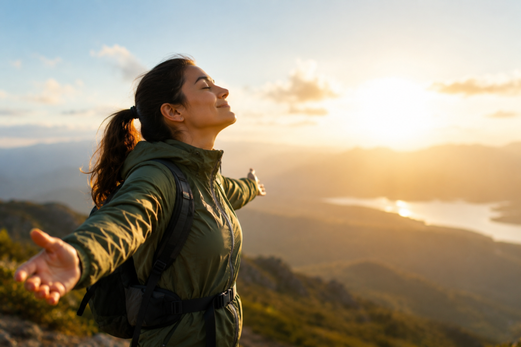 Resiliência Psicológica: o amortecedor contra a depressão Mulher em paisagem montanhosa iluminada pelo sol representando resiliência psicológica, força emocional e capacidade de adaptação perante situações extremas
