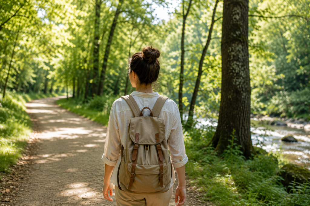 Saúde e Natureza: o impacto de viver entre 4 paredes Mulher a caminhar num trilho rodeado de árvores, ilustrando a ligação entre Saúde e Natureza e a redução da sobrecarga mental