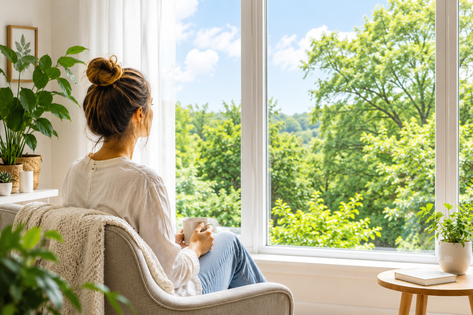 Saúde e Natureza: o impacto de viver entre 4 paredes Mulher sentada junto à janela com luz natural, representando a ligação entre Saúde e Natureza