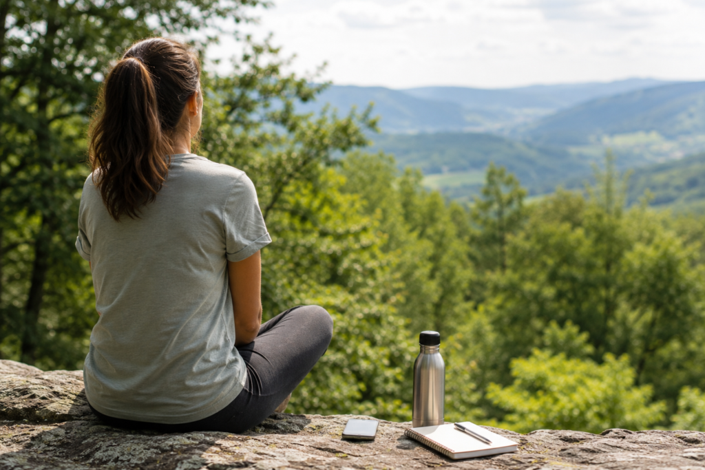 Saúde e Natureza: o impacto de viver entre 4 paredes Mulher sentada num miradouro natural rodeado de vegetação, ilustrando a relação entre Saúde e Natureza e bem-estar mental