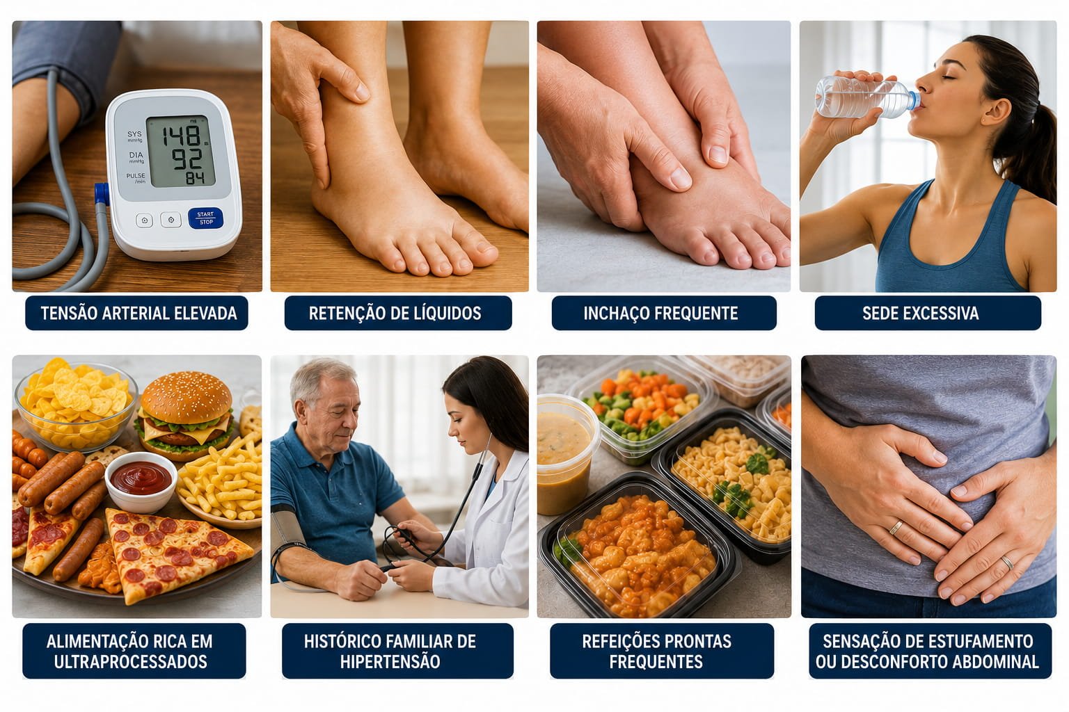 Colagem com sinais associados ao excesso de sal, incluindo tensão arterial elevada, retenção de líquidos, sede excessiva e consumo frequente de alimentos ultraprocessados.