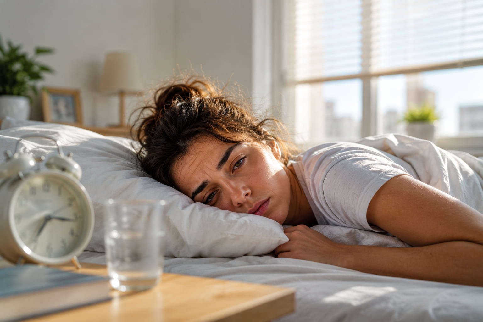 Social jetlag: porque acorda cansado todos os dias Mulher cansada deitada na cama ao amanhecer, representando os efeitos do social jetlag e do cansaço diário