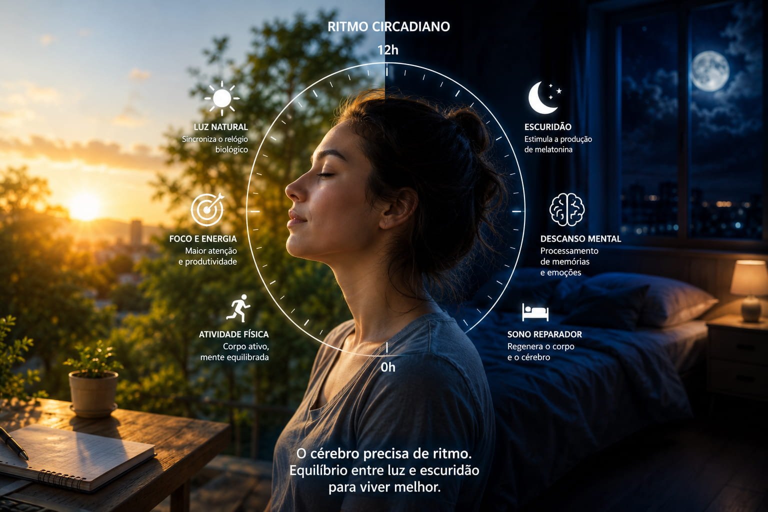 Mulher entre cenário de dia e noite ilustrando o ritmo circadiano e a importância do equilíbrio entre luz e descanso para o cérebro