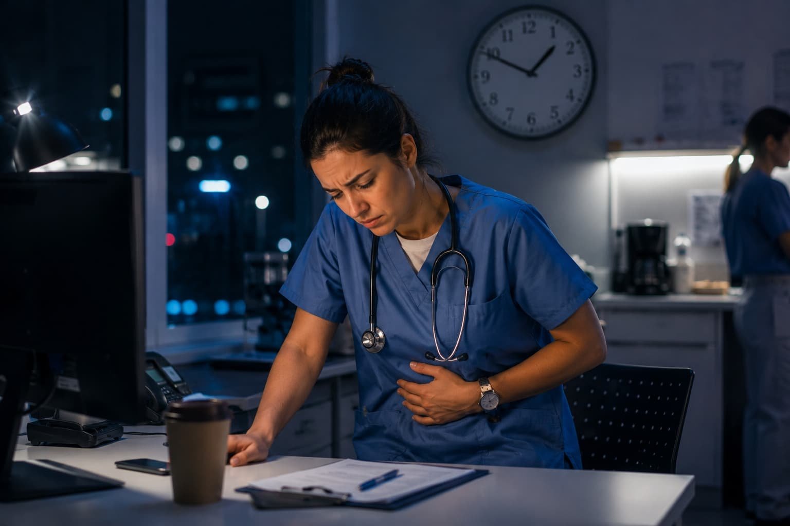 Profissional de saúde em turno noturno com desconforto abdominal, representando os efeitos do ritmo circadiano e do trabalho por turnos na saúde digestiva.