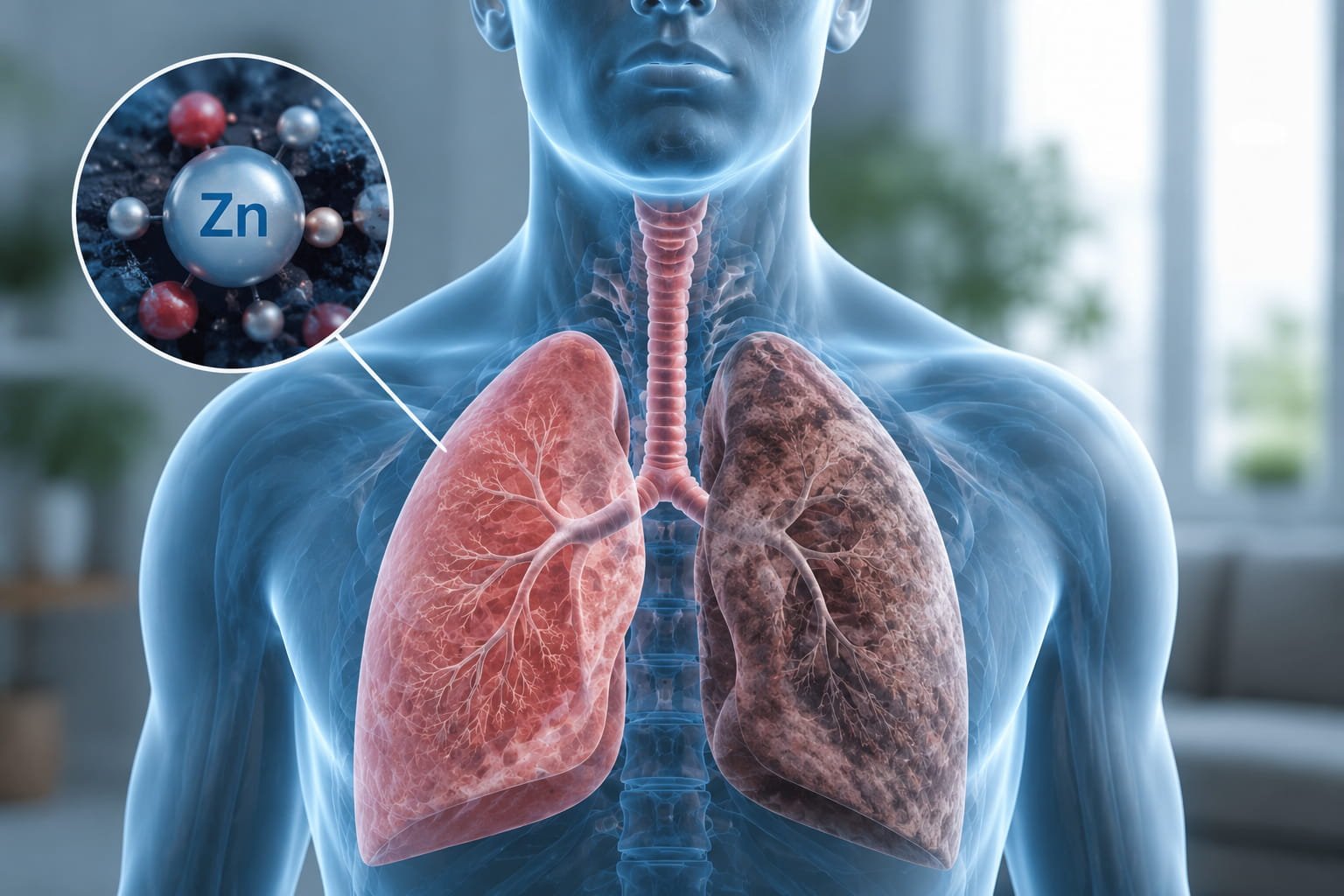 Zinco e pulmões: o elo invisível da respiração Ilustração médica sobre zinco e pulmões mostrando alterações pulmonares associadas a níveis baixos de zinco