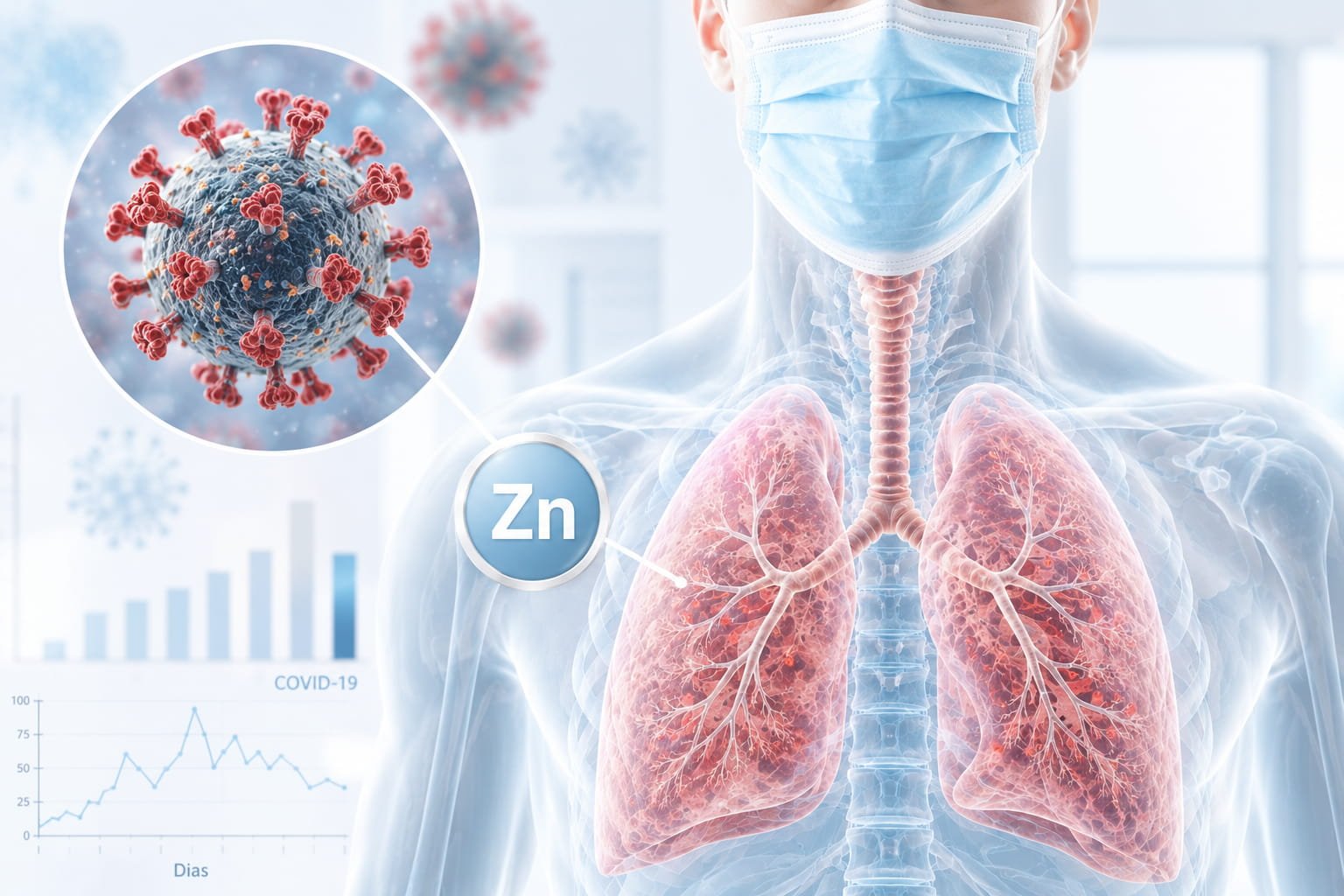 Zinco e pulmões: o elo invisível da respiração Ilustração médica clara sobre zinco e pulmões durante a COVID-19 com destaque para infeção respiratória e sistema imunitário