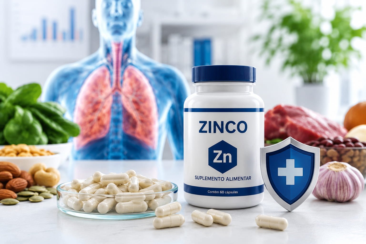 Zinco e pulmões: o elo invisível da respiração Imagem sobre suplementação de zinco e pulmões com alimentos ricos em zinco e proteção respiratória