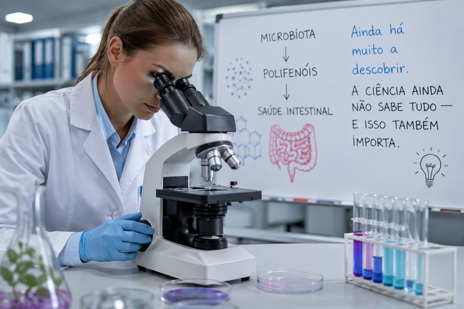 Imagem 4K de investigadora em laboratório a estudar microbiota intestinal e polifenóis através de microscópio científico.