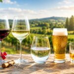 Álcool moderado: benefícios e riscos reais na saúde Copos de vinho, cerveja e whisky sobre mesa rústica ao pôr do sol representando os benefícios e riscos reais na saúde associados ao álcool moderado