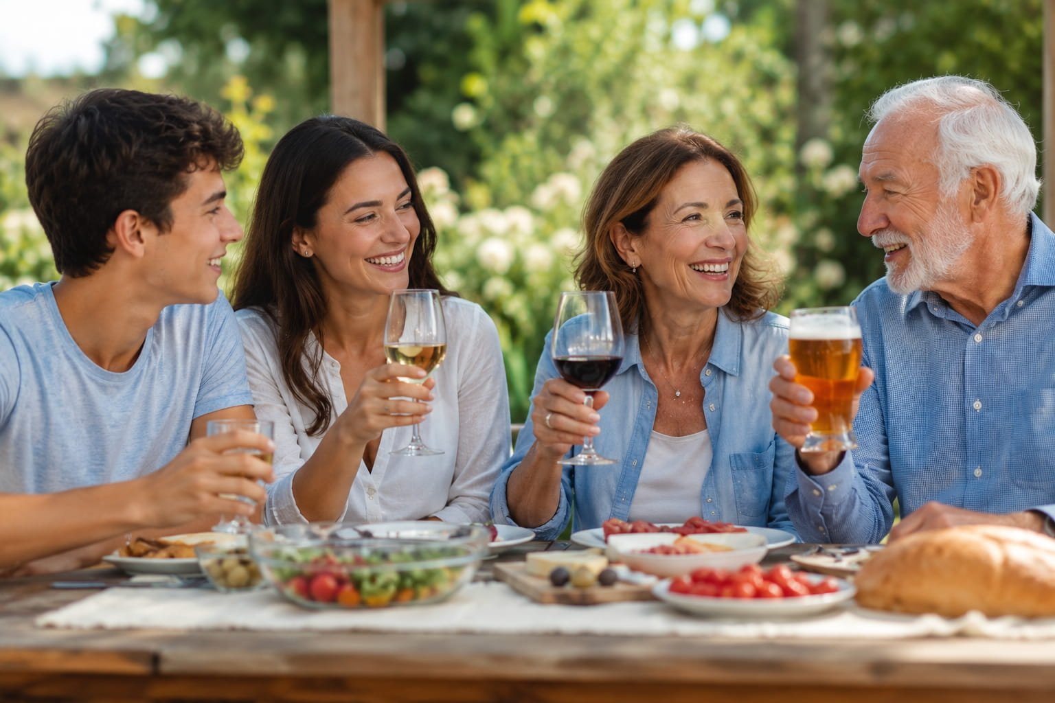 Álcool moderado: benefícios e riscos reais na saúde Pessoas de diferentes idades à mesa com bebidas alcoólicas representando como os benefícios e riscos reais na saúde do álcool moderado mudam com a idade