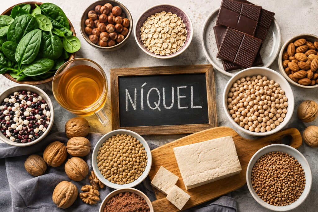 Alimentos ricos em níquel associados à alergia ao níquel sobre mesa clara