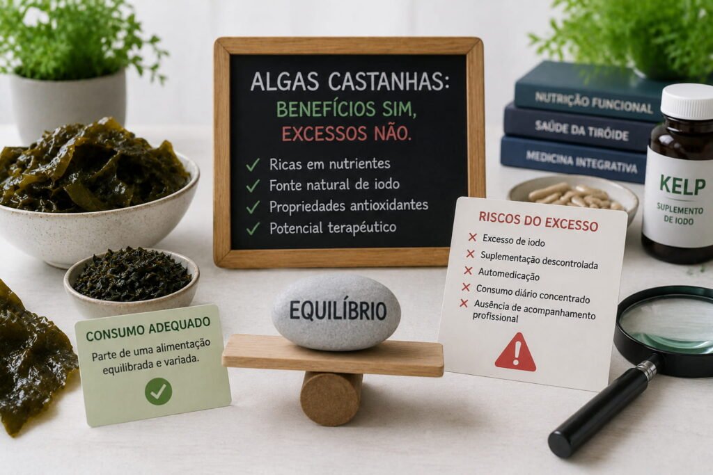 Algas Castanhas e Tiroide: O Risco Oculto do Iodo Representação da relação entre algas castanhas e tiroide destacando equilíbrio nutricional, iodo e riscos do consumo excessivo