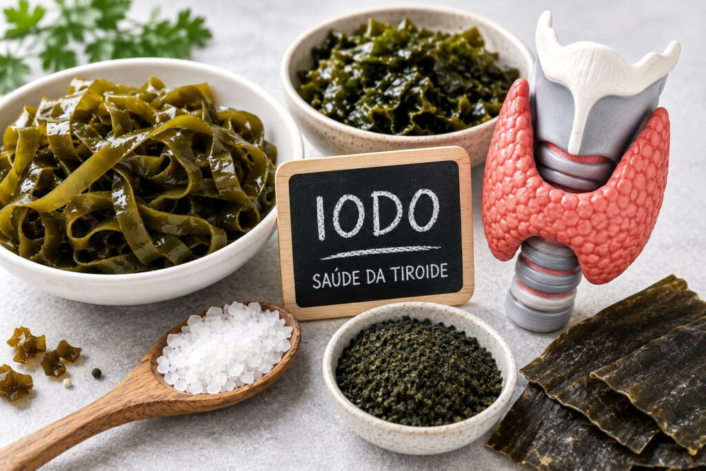 Algas castanhas e tiroide representadas com alimentos ricos em iodo e modelo anatómico da tiroide