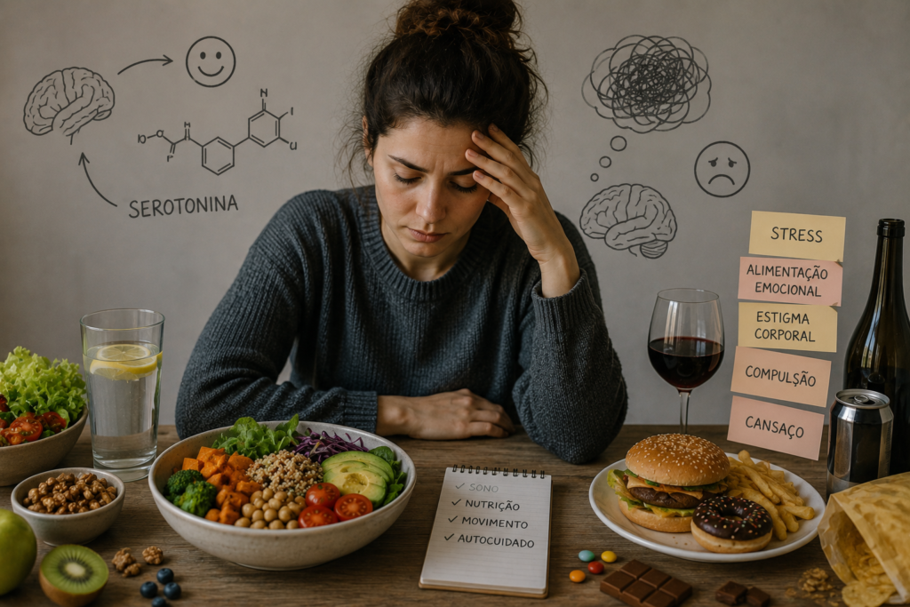 Alimentação saudável: porque é tão difícil comer bem Mulher pensativa entre alimentos saudáveis e comida ultraprocessada ilustrando a relação entre alimentação saudável e saúde mental