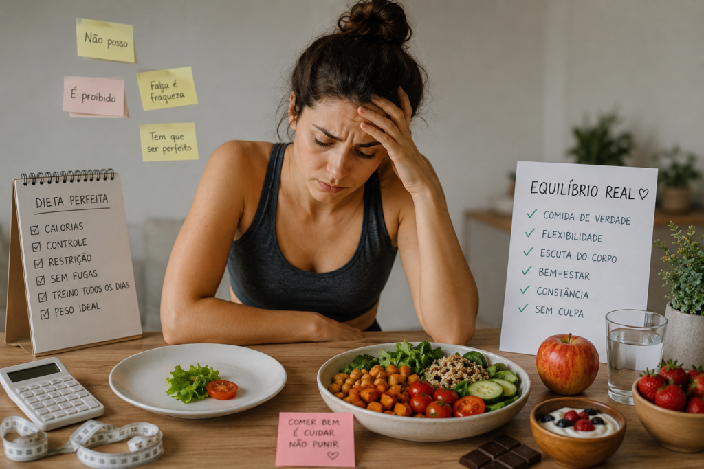 Alimentação saudável: porque é tão difícil comer bem Mulher cansada perante regras rígidas de dieta ilustrando os desafios emocionais da alimentação saudável equilibrada