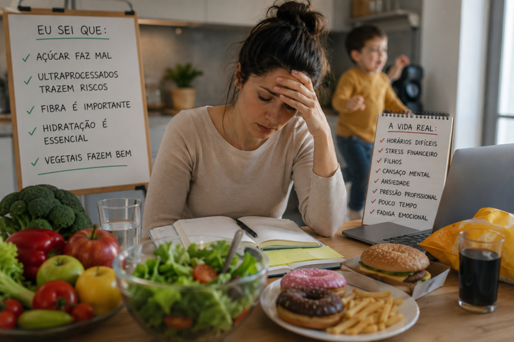Alimentação saudável: porque é tão difícil comer bem Mulher cansada entre alimentos saudáveis e comida rápida ilustrando as dificuldades da alimentação saudável no dia a dia