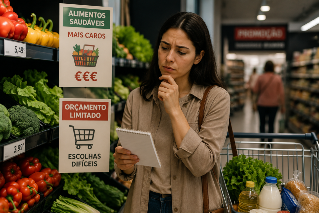 Alimentação saudável: porque é tão difícil comer bem Mulher no supermercado a comparar preços de alimentos ilustrando como fatores sociais influenciam a alimentação saudável
