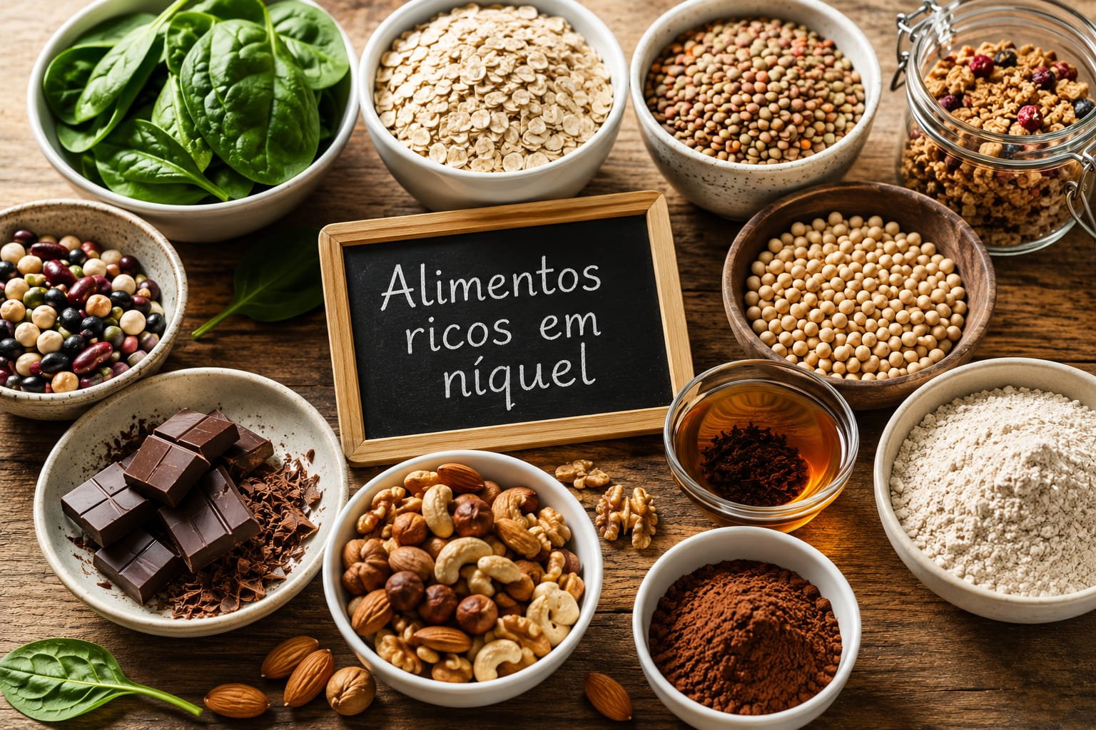 Alimentos ricos em níquel associados à alergia ao níquel numa mesa de madeira clara