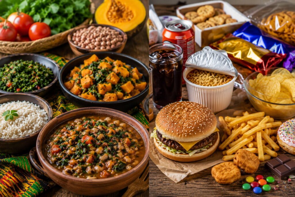 Comparação entre comida tradicional africana saudável e alimentos ultraprocessados modernos ricos em açúcar, gordura e aditivos.
