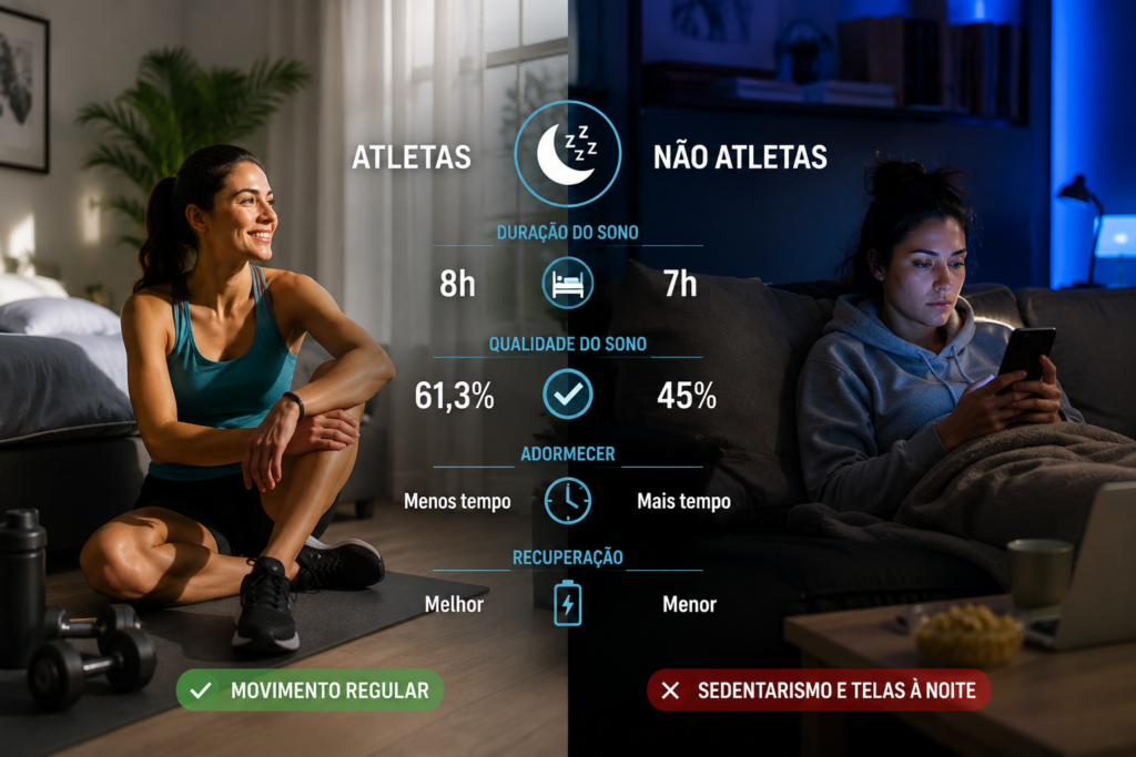 Comparação entre atleta e não atleta mostrando diferenças na qualidade do sono e hábitos noturnos