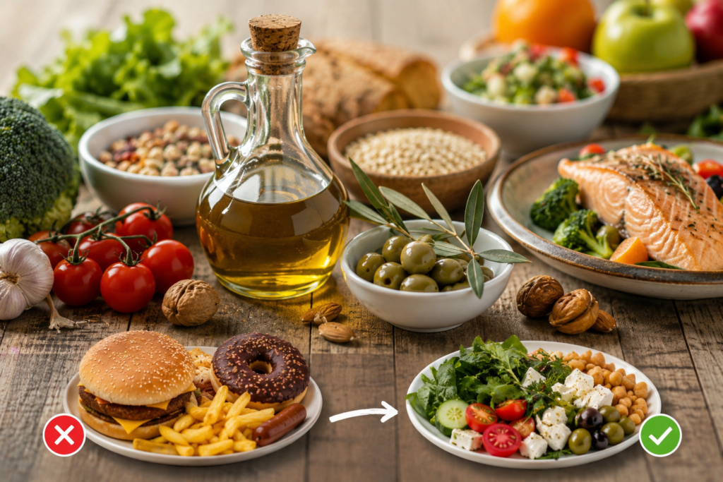 Além do prato: o segredo da Dieta Mediterrânica Azeite virgem extra rodeado por alimentos da Dieta Mediterrânica e contraste com alimentos ultraprocessados numa alimentação equilibrada.