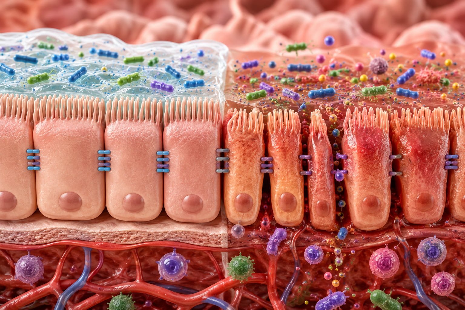 Ilustração da barreira intestinal saudável e comprometida com alterações da microbiota intestinal e inflamação intestinal