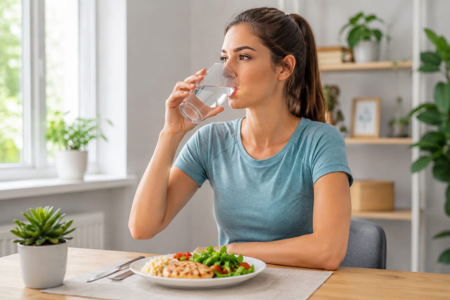 Beber pouca água aumenta a fome? o que diz a ciência. Mulher a beber água antes da refeição ilustrando como beber pouca água pode influenciar fome e saciedade