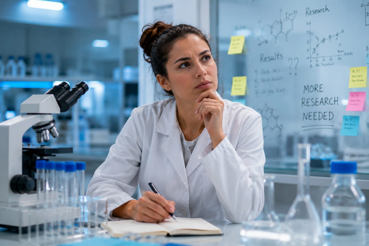 Beber pouca água aumenta a fome? o que diz a ciência. Investigadora em laboratório a analisar estudos sobre como beber pouca água pode influenciar fome, hidratação e comportamento alimentar