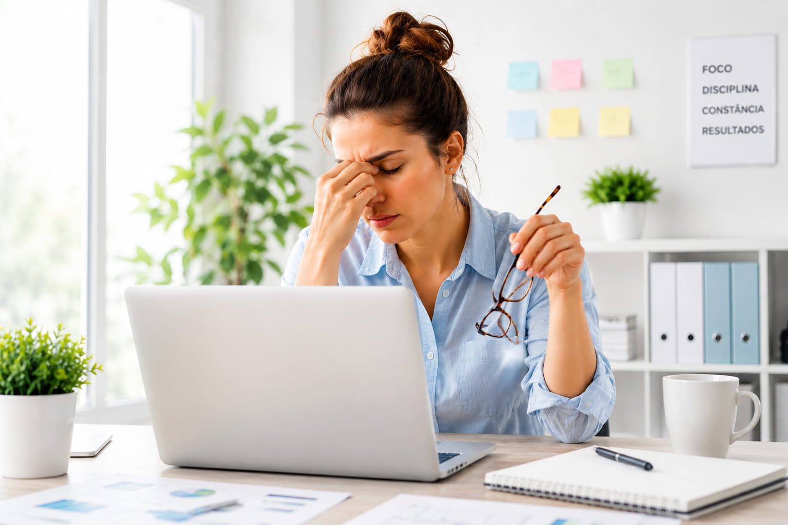 Bem-estar no trabalho: sinais que não deve ignorar Mulher cansada no escritório representa sinais de bem-estar no trabalho comprometido