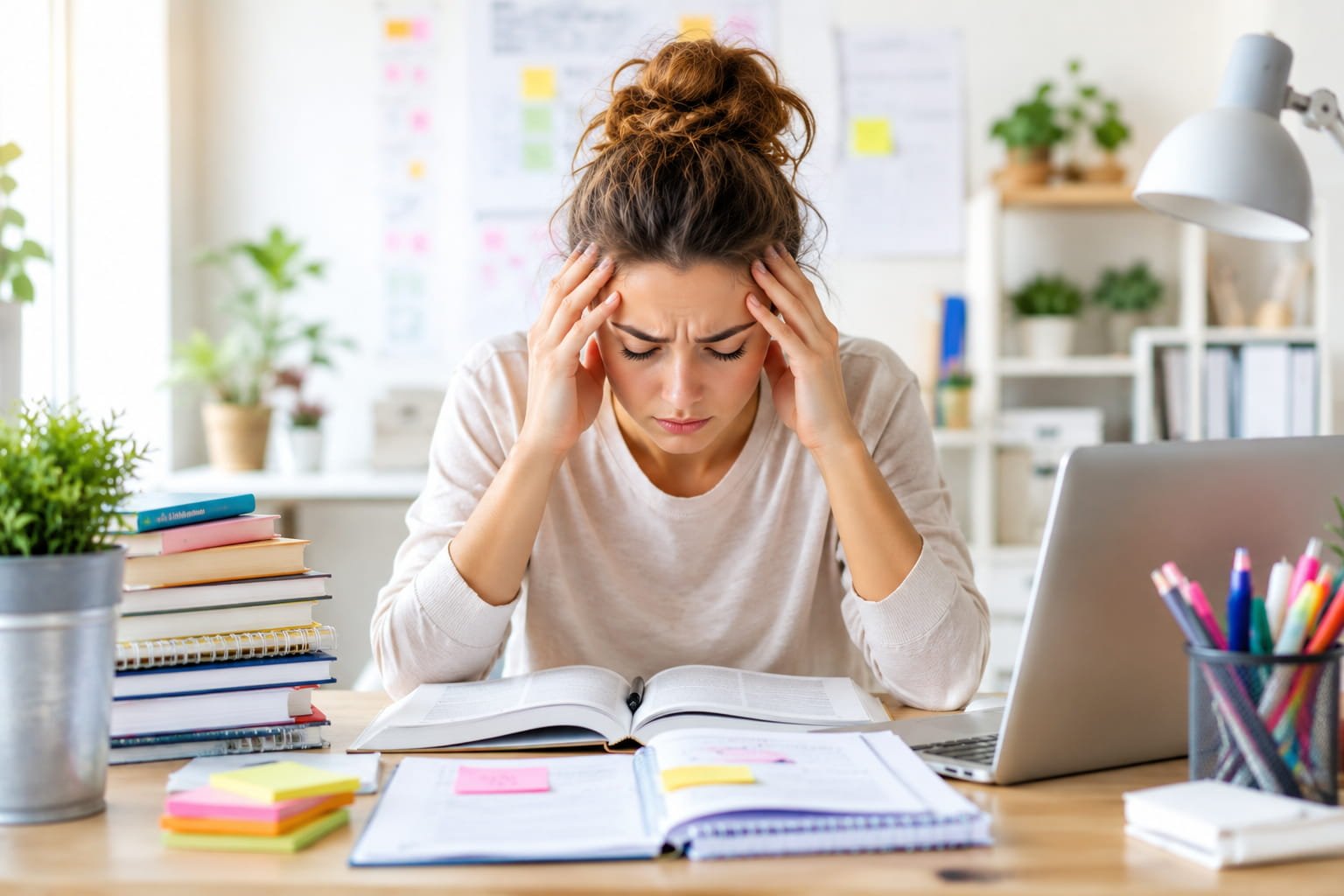 Mulher com sinais de carga cognitiva elevada enquanto tenta concentrar-se num ambiente de estudo organizado