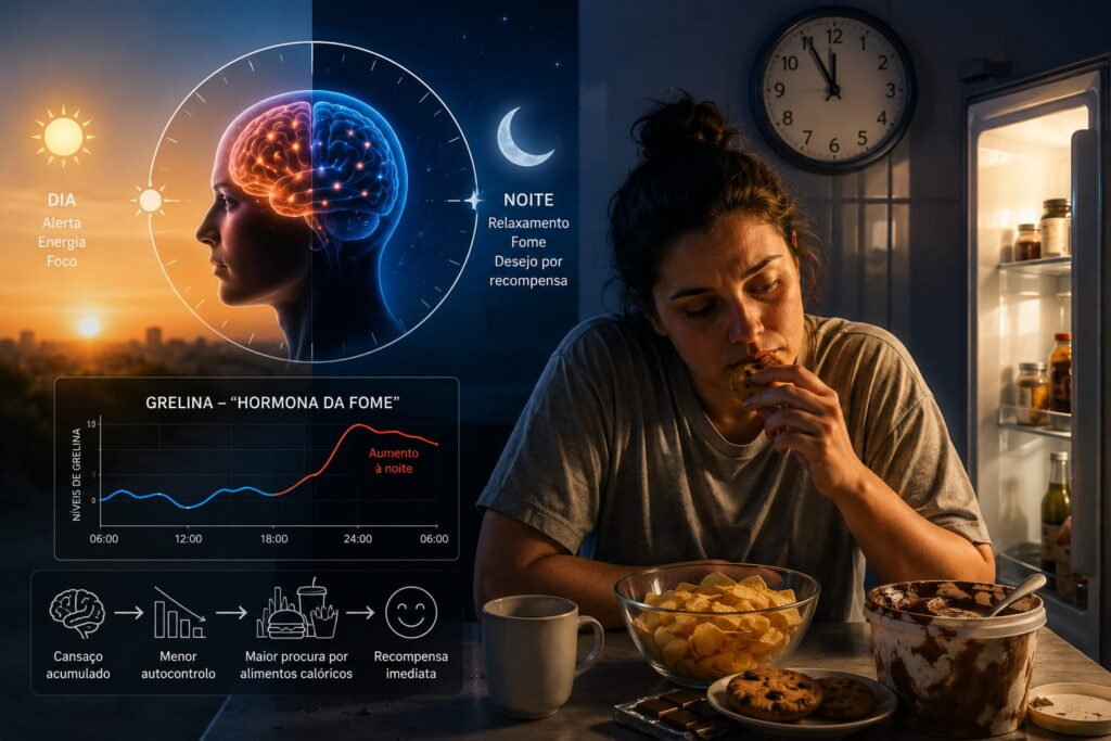 Comer à noite: o que acontece ao cérebro e metabolismo Ilustração sobre cérebro e metabolismo mostrando alterações hormonais e maior vontade de comer à noite