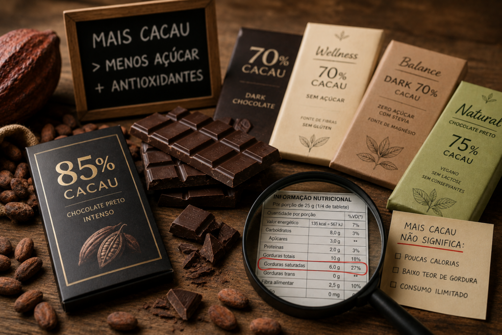 Chocolate sem açúcar: escolha saudável ou ilusão? Tabletes de chocolate preto com elevada percentagem de cacau e informação nutricional em destaque